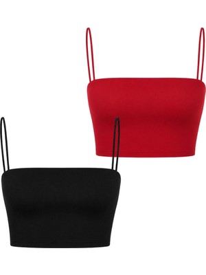 Dı Loria Kadın Ince Askı Mini Crop 2’li Set (Siyah, Kırmızı)