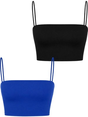 Dı Loria Kadın Ince Askı Mini Crop (Mavi, Siyah)