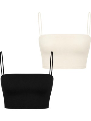 Dı Loria Kadın Ince Askı Mini Crop 2’li Set (Siyah, Beyaz)