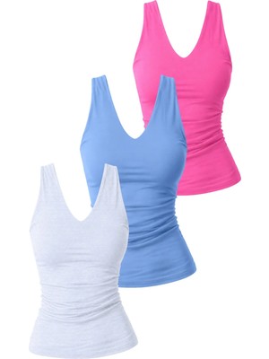 Dı Loria Kadın Önü Çift Katlı Likralı Atlet Üçlü Set (%95 Pamuk) (Pembe, Mavi, Gri Melanj)