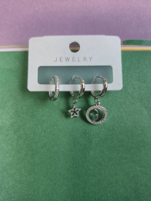 Müzik Ve Herşey Vip Küpe Yıldız Hilal Detayli Üçlü Çelik Küpe Silver