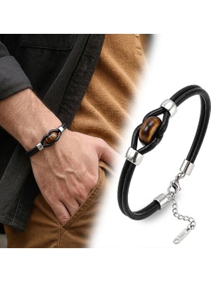 Fm 💎 Premium Şık Kaplangözü Doğal Taşlı Çelik Uzatma Zincirli Deri Erkek Bileklik 31832B14D9 (23CM)