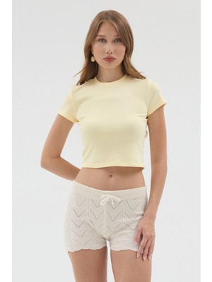 Urban Trend Store Urbantrendstore Kadın Bisiklet Yaka Likralı Kısa Kol Body Crop Bluz Günlük Şık Sade Yazlık Casual Crop Kadın Crop