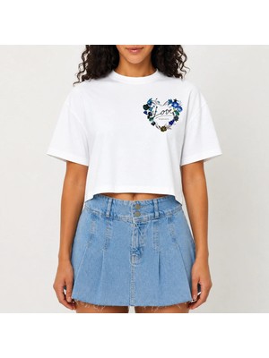Urban Trend Store Urbantrendstore Crop Tişört Beyaz Baskılı Rahat Kesim Raw Cut Basic Kısa Tshirt