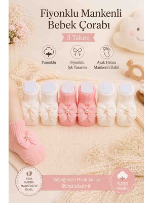 Baby Socks 3 Takım Fiyonklu 6 Adet Hatıra Mankenli Yenidoğan ve Bebek Çorabı