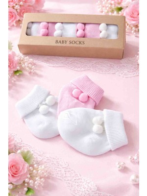 Baby Socks 5 Çift Ponponlu Sıkmaz Bilekli Kutulu Bebek Çorabı Seti 0-6 Ay