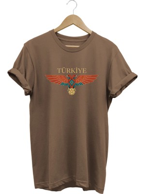  Unisex Türkiye Çift Başlı Kartal Baskılı Oversize Bisiklet Yaka T-Shirt