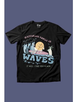  Siyah Unisex Dalga Sörf Deniz Baskılı Kısa Kollu T-Shirt