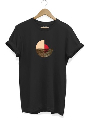  Siyah Unisex Minimal Deniz Baskılı Kısa Kollu T-Shirt