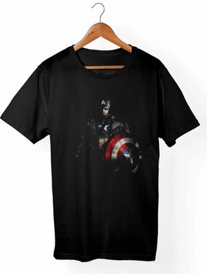  Siyah Kaptan Amerika - Marvel Baskılı T-Shirt