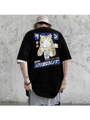  Harajuku Kedi Ön Arka Baskılı T-Shirt
