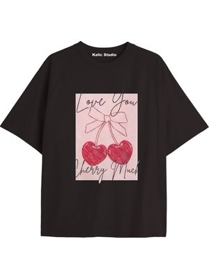  Y2K Vintage Cherry Baskılı Siyah T-Shirt Kod 81