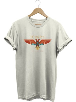  Unisex Türkiye Çift Başlı Kartal Baskılı Oversize Bisiklet Yaka T-Shirt