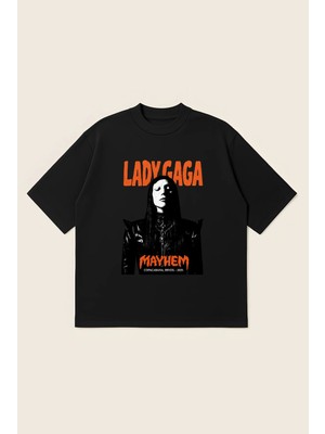  Lady Gaga Unisex %100 Organik Pamuklu Kalın Dokulu Oversize Bisiklet Yakalı T-Shirt