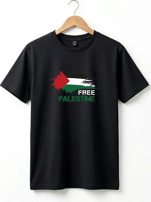  Free Palestine Özgür Filistin Baskılı %100 Pamuk Premium Siyah Tişört