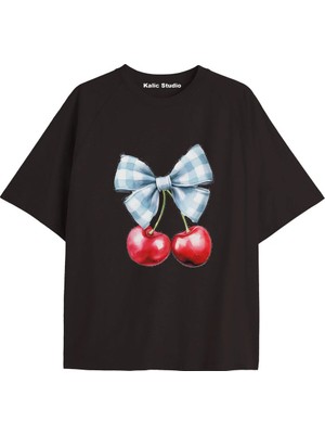 Y2K Vintage Cherry Baskılı Siyah T-Shirt Kod 102