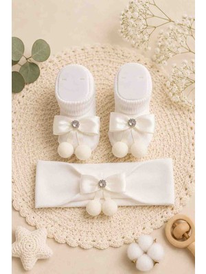 Baby Socks Fiyonk Ponponlu Elmaslı Bebek Çorap Bandana Takım