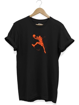  Siyah Unisex Basketbol Renkli Turnike Baskılı Tasarım Kısa Kollu T-Shirt