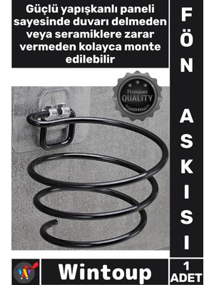 Wintoup #askı Yapışkanlı Duvar Tipi Siyah Metal Banyo Askı Organizeri Standı Şık Saç Kurutma Makinesi Tutucu