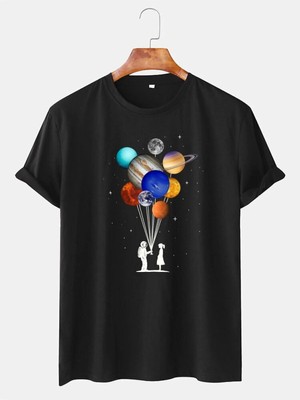  Siyah Unisex Astronot Sevgili Baskılı Minimal Kısa Kollu T-Shirt