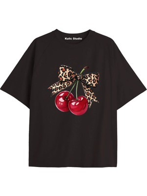  Y2K Vintage Cherry Baskılı Siyah T-Shirt Kod 76