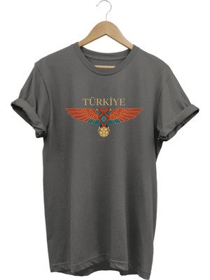  Unisex Türkiye Çift Başlı Kartal Baskılı Oversize Bisiklet Yaka T-Shirt