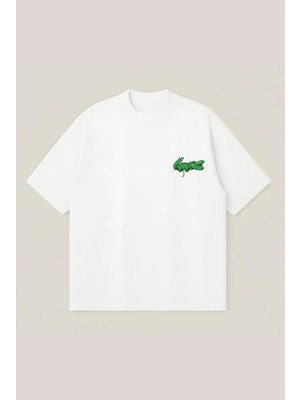  Timsah Baskılı Unisex %100 Organik Pamuklu Kalın Dokulu Oversize Bisiklet Yakalı T-Shirt