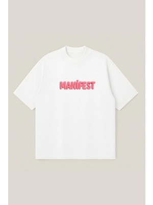  Manifest Baskılı Unisex %100 Organik Pamuklu Kalın Dokulu Oversize Bisiklet Yakalı T-Shirt