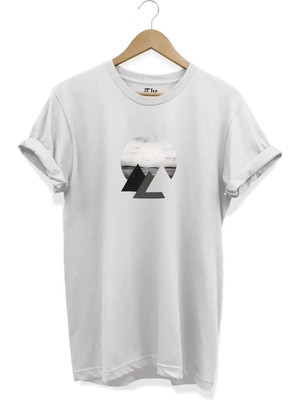  Beyaz Unisex Üçgen Deniz Baskılı Kısa Kollu T-Shirt