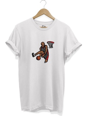  Beyaz Unisex Basketbol Smaç Baskılı Kısa Kollu T-Shirt