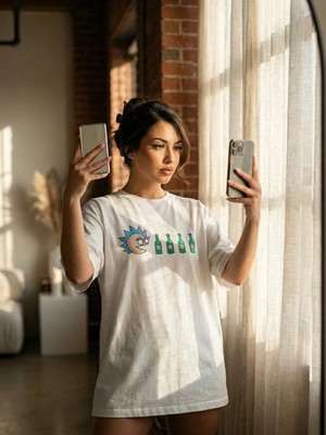  Unisex Beyaz Oversize T-Shirt - Rick And Morty Pacman Baskılı %100 Pamuklu Bisiklet Yaka Tişört