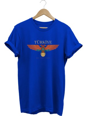  Unisex Türkiye Çift Başlı Kartal Baskılı Oversize Bisiklet Yaka T-Shirt