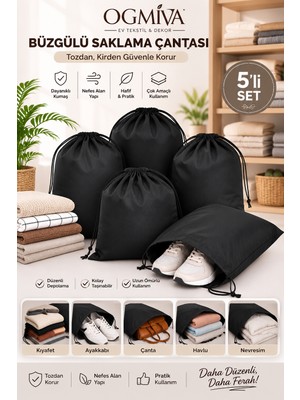5'li Büzgülü Saklama Çantası 35X45 cm Nefes Alan Ayakkabı Kılıfı Toz Koruyucu Organizer Siyah