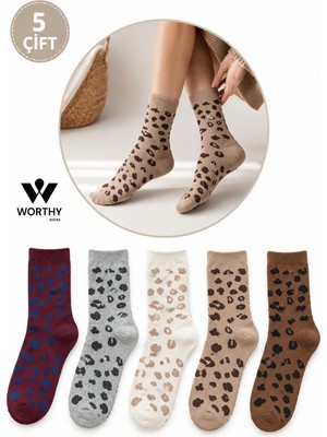 Worthy Socks 5 Çift Kadın Çok Renkli Leopar Desenli Soket Çorap 5 Li Paket