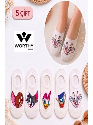 Worthy Socks 5'li Kadın Pamuklu Desenli Babet Çorabı Tüm Sezonlar İçin Düz Örme Tasarım