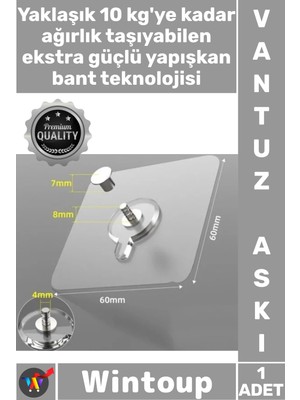 Wintoup #askı Şeffaf Kendinden Yapışkanlı Su Geçirmez Paslanmaz 10 kg Kapasiteli Ultra Güçlü Vantuzlu Askı