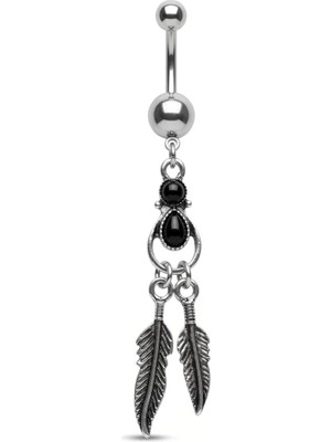 Yaprak Siyah Damla Çelik Göbek Piercing
