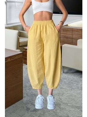 Nana & Mayka Moda Die&More Kadın Limon Sarı Şalvar Pantolon Salaş Dört Mevsim Rahat Pamuk Lastikli Bel Günlük Model Gabardin