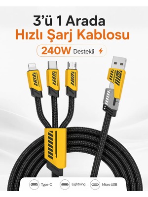 TEKNOKUTUM  3'ü 1 arada 100W 5A Hızlı Şarj USB Tip-C Mikro Hızlı Şarj Kablosu TÜM CİHAZLAR İLE UYUMLU