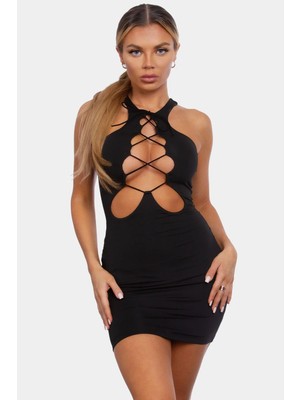 Eyetis Kadın Siyah Dekolteli Mini Elbise, Bağcıklı Vücuda Oturan Esnek Sexy Gece Elbise Özel Mini Dress