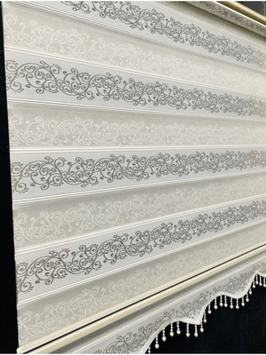 Empressco Beyaz Gümüş Sim Detaylı Sarmaşık Desenli Zebra Stor Perde