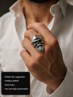 Herşey Nota Captain Skull Ring – Vintage Pirate Adjustable Men's Ring Kaptan Kuru Kafa Erkek Yüzüğü
