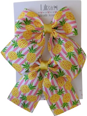 Liliza Accessories Sarı Ananas Pembe Beyaz Çizgili 2li Çocuk Fiyonk 2li Klips Toka