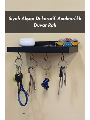 Empressco Siyah Ahşap Anahtar Askısı, Duvar Rafı, 4 Kancalı, 20X8 cm