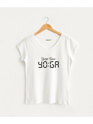 Kidilia Yoga Time Görselli Kadın V Yaka %100 Pamuklu Tasarım T-Shirt