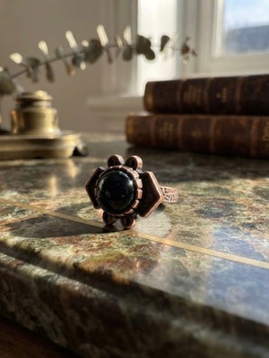 Meneva Aksesuar Obsidyen Doğal Taşlı, Bakır Işlemeli Ayarlanabilir Otantik Yüzük