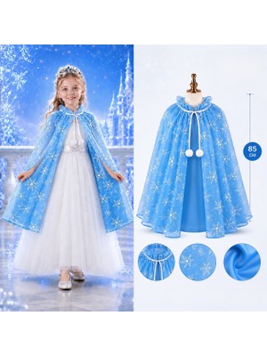Uravas Store Kar Tanesi Desenli Mavi Elsa Pelerini - Astarlı Frozen Pelerini 85 cm