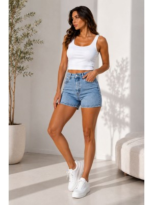 Asl Woman Yüksek Bel Taşlı Jean Şort Açık Mavi Denim Şort