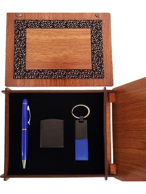 Uravas Store Ahşap Kutulu Mavi Kalem Anahtarlık ve Çakmak Set