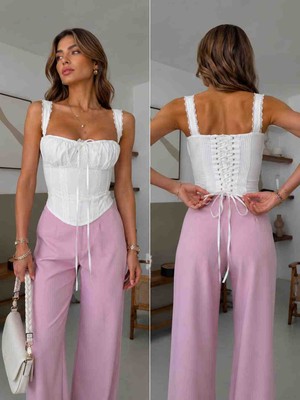 Sy Butik Kadın Beyaz Bağcık Detaylı Korsaj Bluz